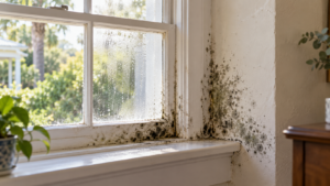 Mold growth around an interior window frame with condensation on the glass.