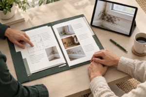 Homeowner and professional reviewing property photographs and written documents