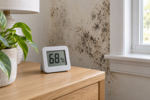 Digital humidity monitor reading 68% relative humidity beside a wall with visible mold.