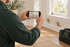 Technician photographing a room to document an inspection